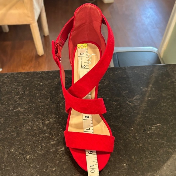 Red Velvet Platform Heels Ankle Strap Criss Cross‎ Sandals Size 9 (See Note) - Picture 8 of 10
